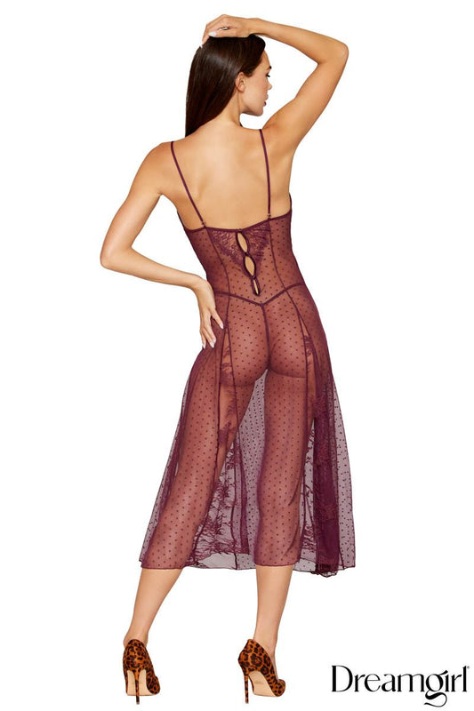 Dot Mesh Gown and G-string DG13641 - Cherry