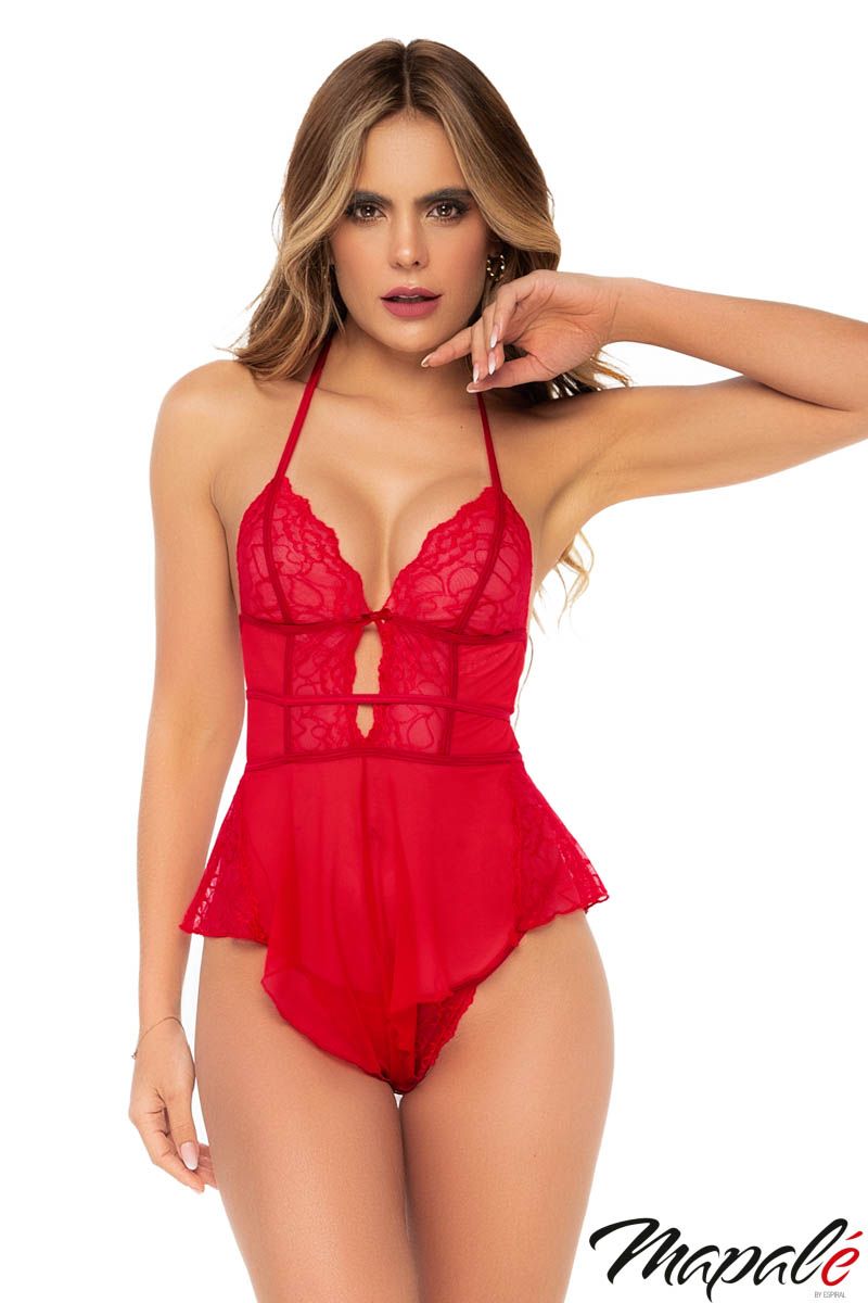 Sheer Heart Teddy Romper and G-string MA7445 - Red