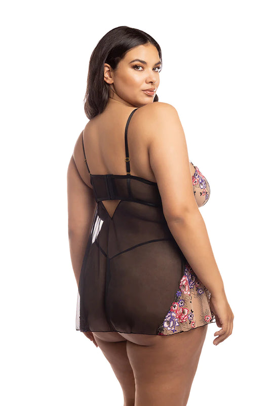 Nadia Floral Sheer Babydoll 75-11530 - Black