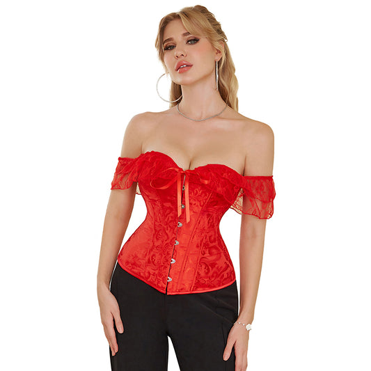 Off Shoulder Brocade Corset and Thong 3514 - Red
