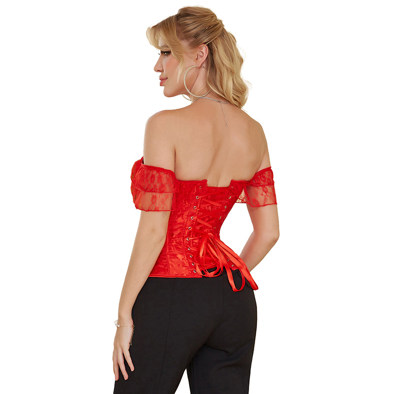 Off Shoulder Brocade Corset and Thong 3514 - Red