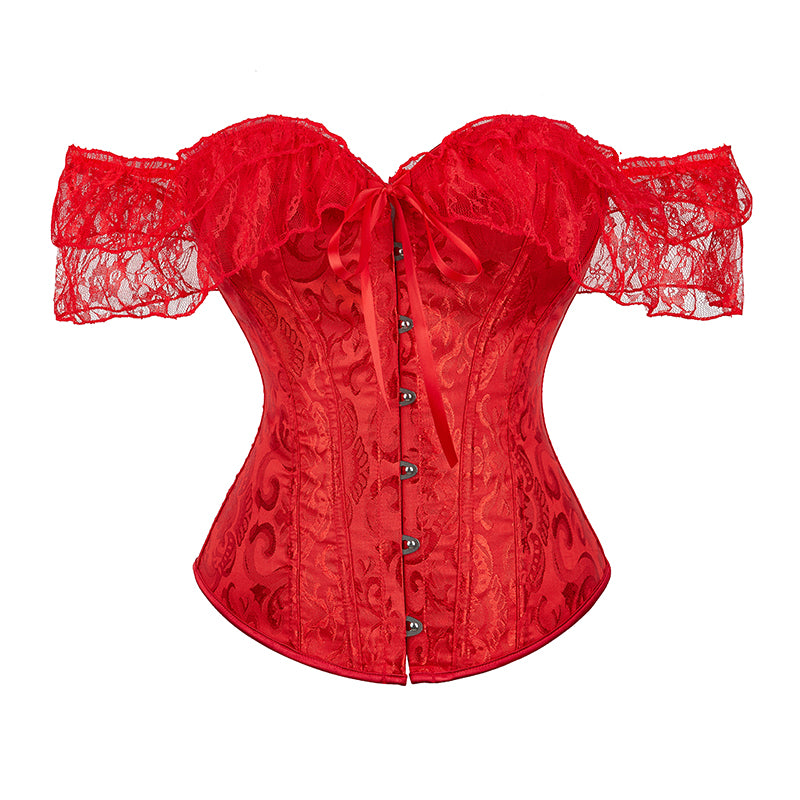 Off Shoulder Brocade Corset and Thong 3514 - Red