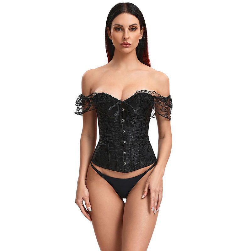 Off Shoulder Brocade Corset and Thong 3514 - Black