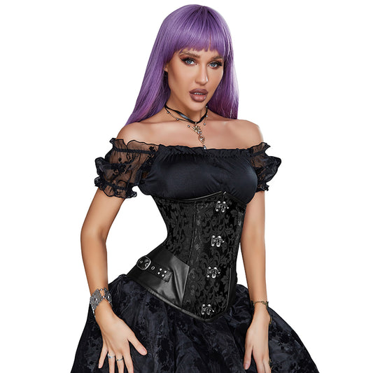 Off the Shoulder Underbust Corset and Thong 3536 - Black