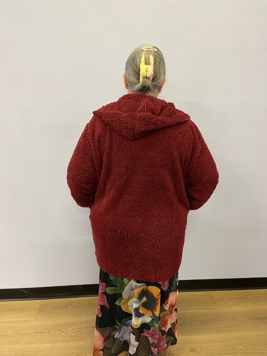 32" Hooded Sherpa Jacket with Pockets - Wine