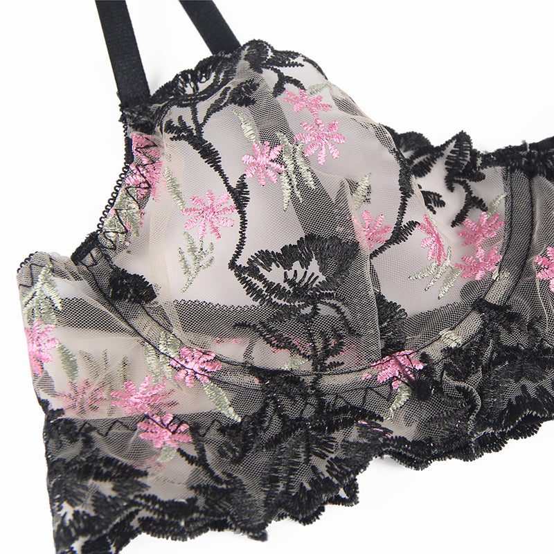 Floral 3pc Set Bralette Garter Belt and Thong 81096 - Black Floral