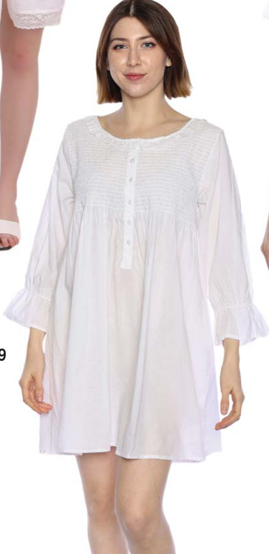 100% Cotton 3/4 Sleeve Smocked 34" Nightgown 4479 - White