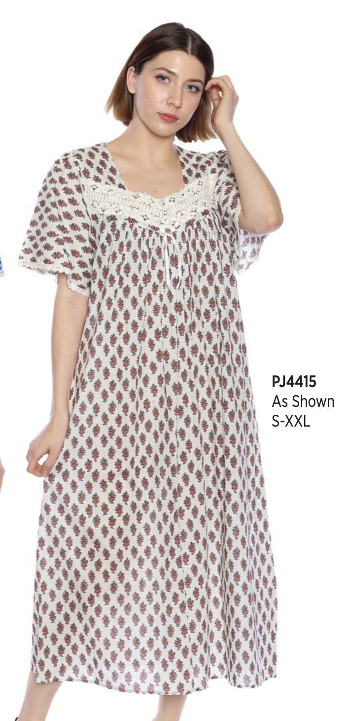 100% Cotton Woven Short Sleeve 46" Nightgown 4415 - Ivory with Red print