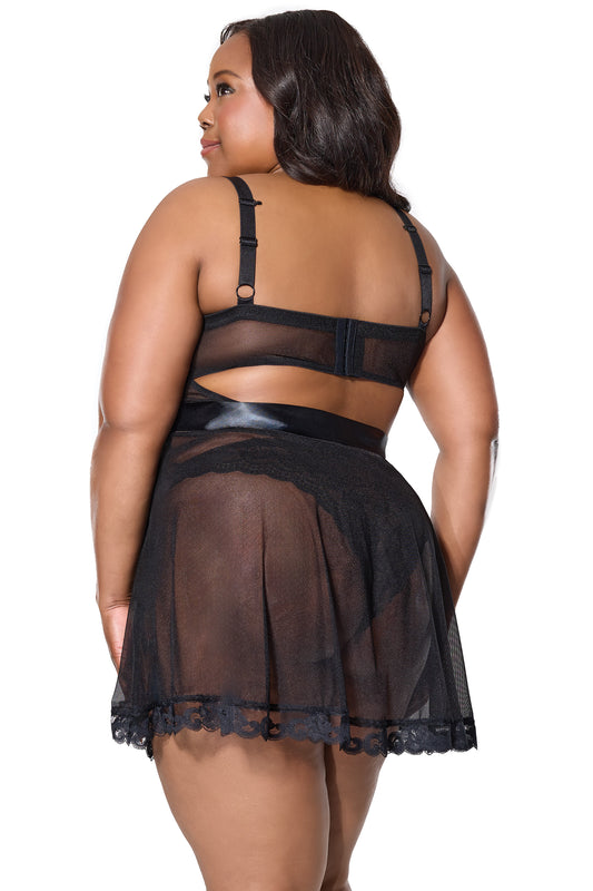 Stretch Mesh Babydoll Dress and Belt 25103 - Black