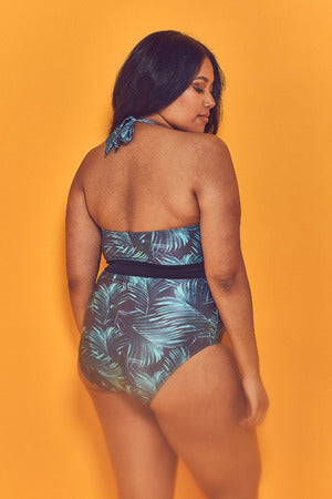 Plunge Belted Swimsuit 4001 - Tropical Palm