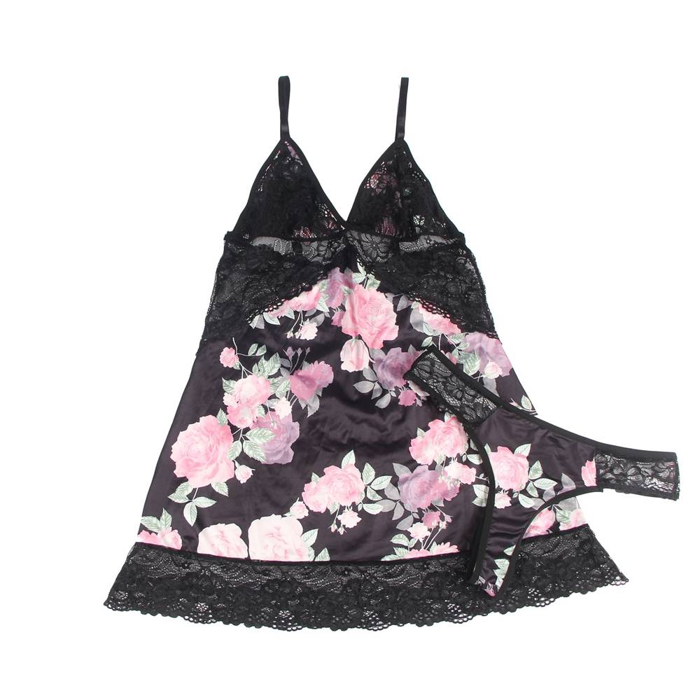 Floral Print Babydoll and Thong 81063 - Black