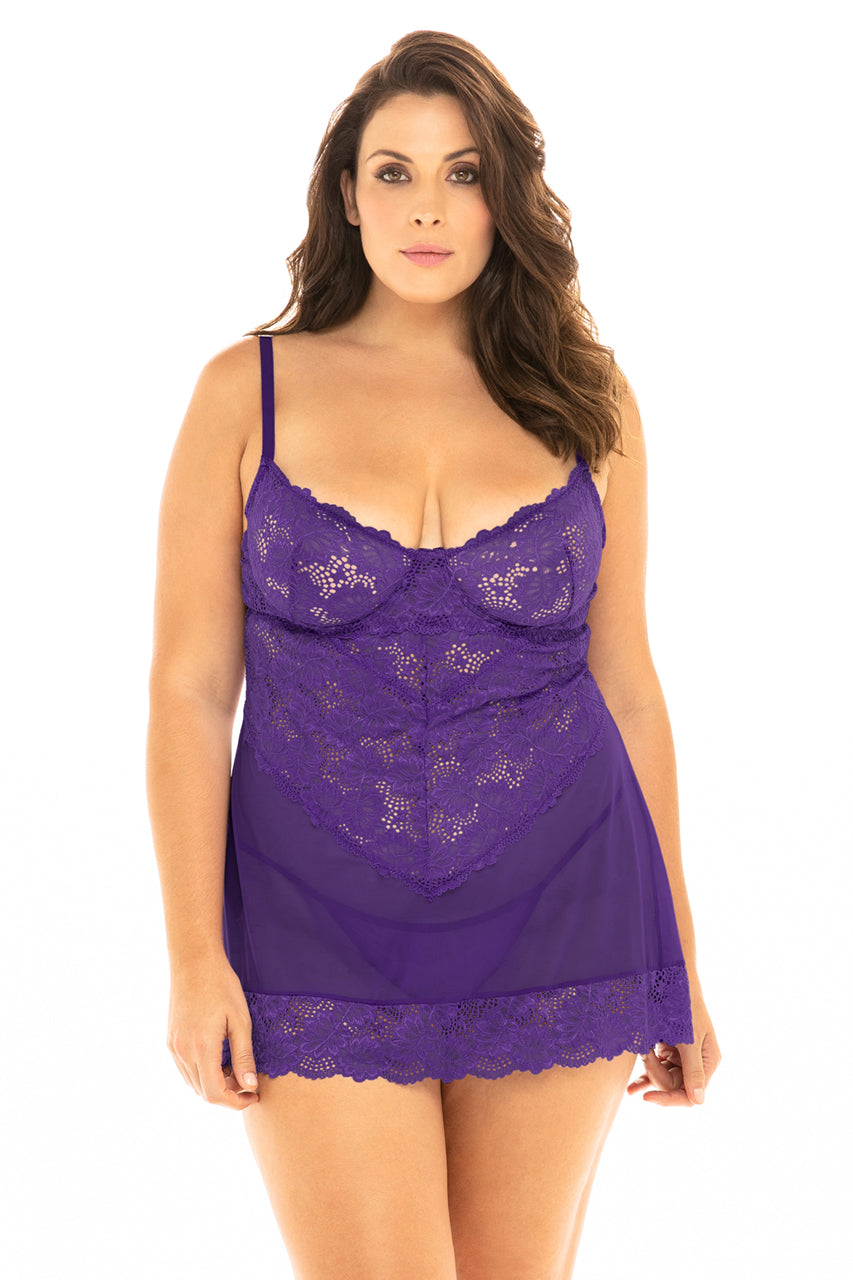 Lace and Mesh Push-up Babydoll - Light lilac