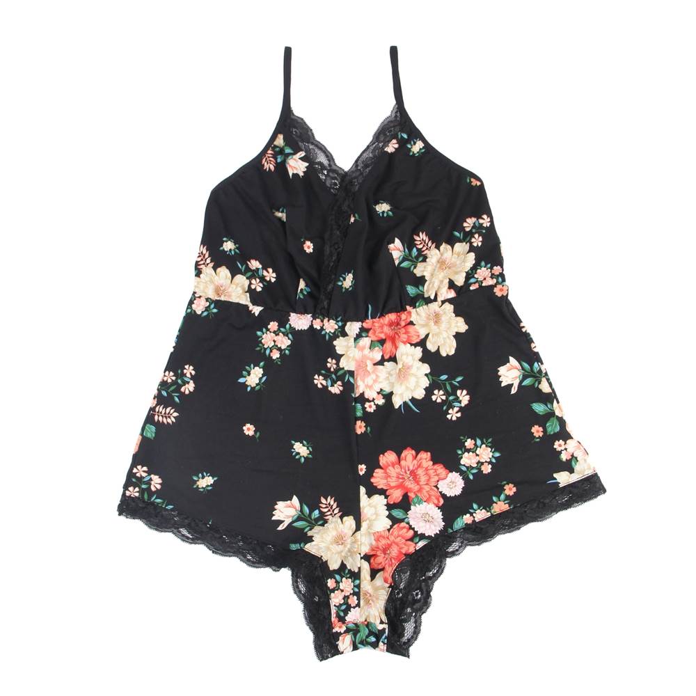 80963 V-Neck Romper - Black with Floral Print