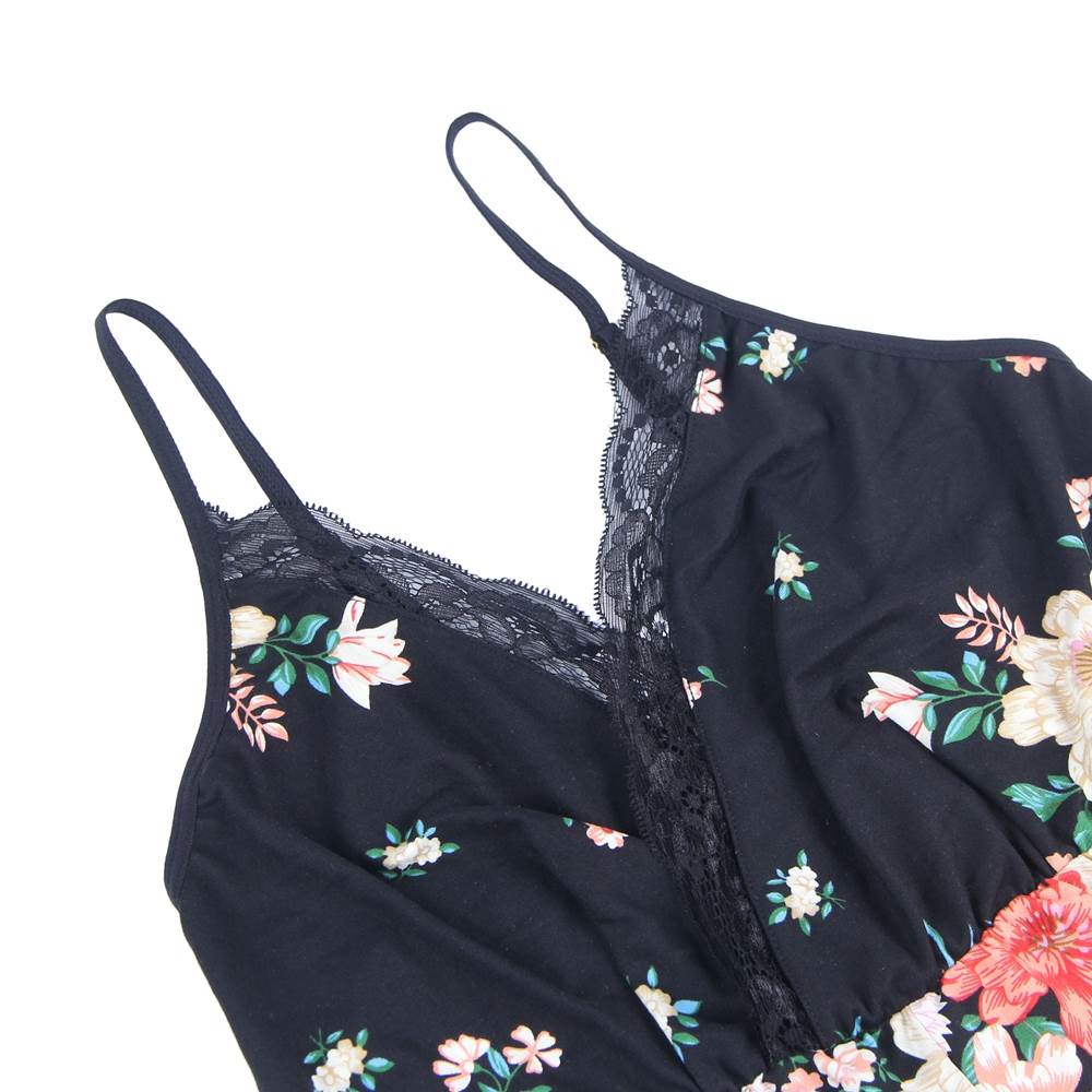 80963 V-Neck Romper - Black with Floral Print