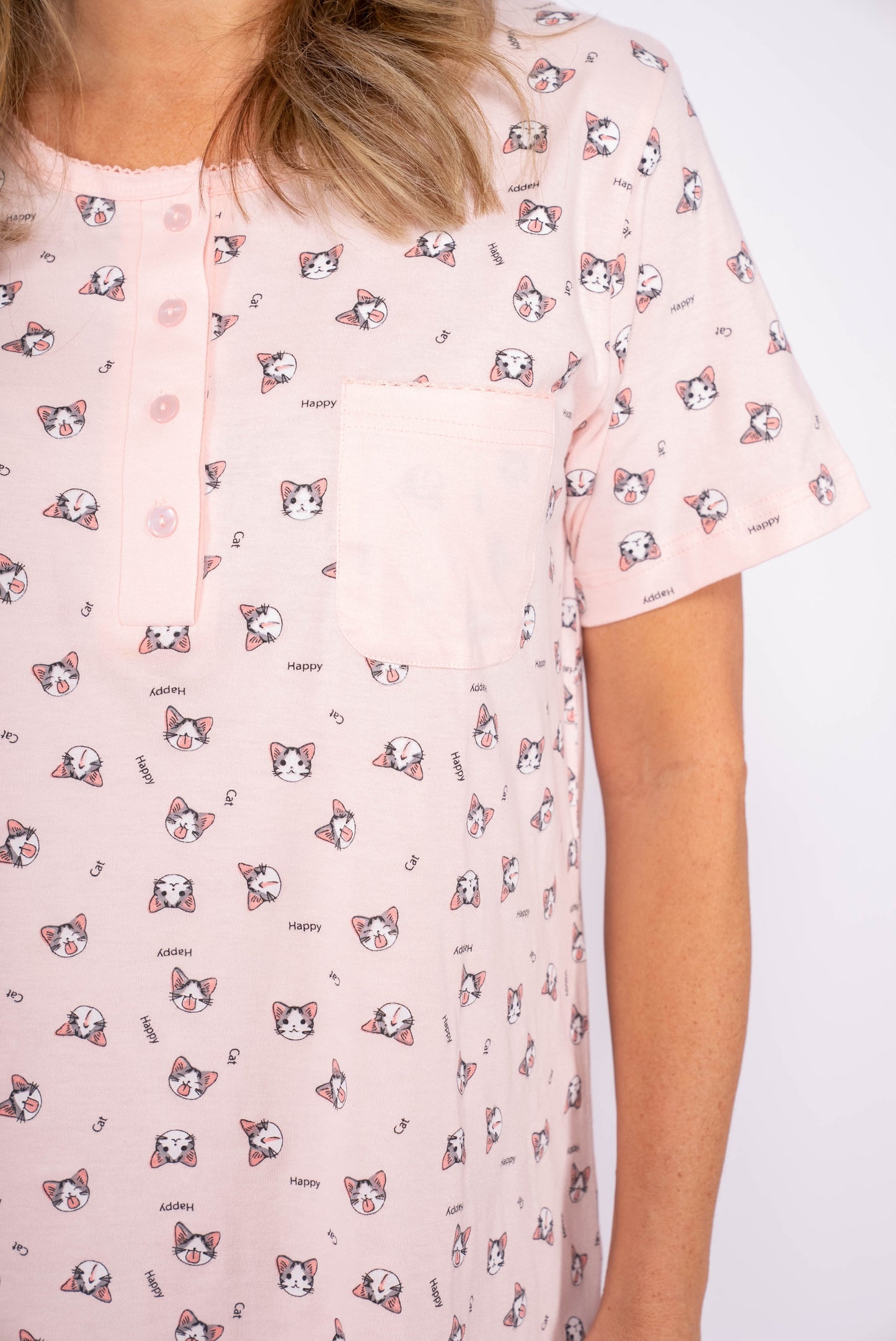 100% Cotton Jersey 38" Short Sleeve Nightgown 2022223 - Happy Cat
