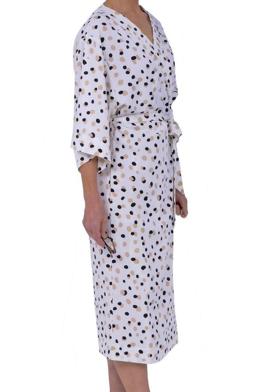 Long Polka Dot Print Robe 14063 - White with Dots