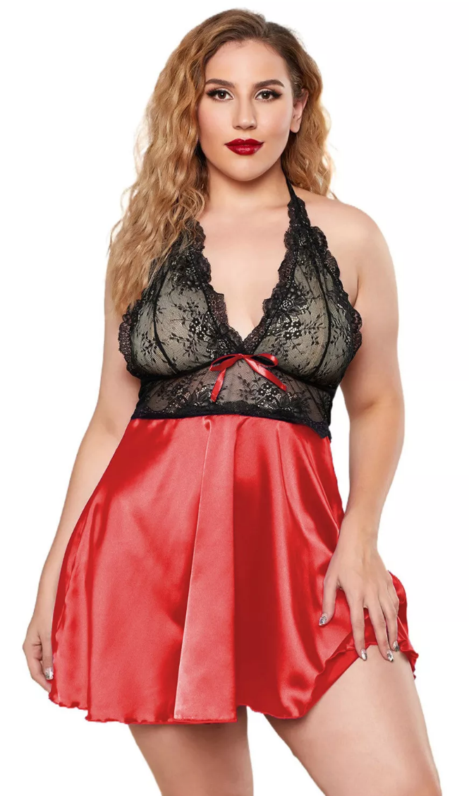 Lace Halter Satin Skirt Babydoll 1329 - Red