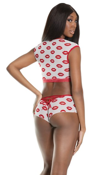 Lip Print Booty Shorts 2573P - White and red