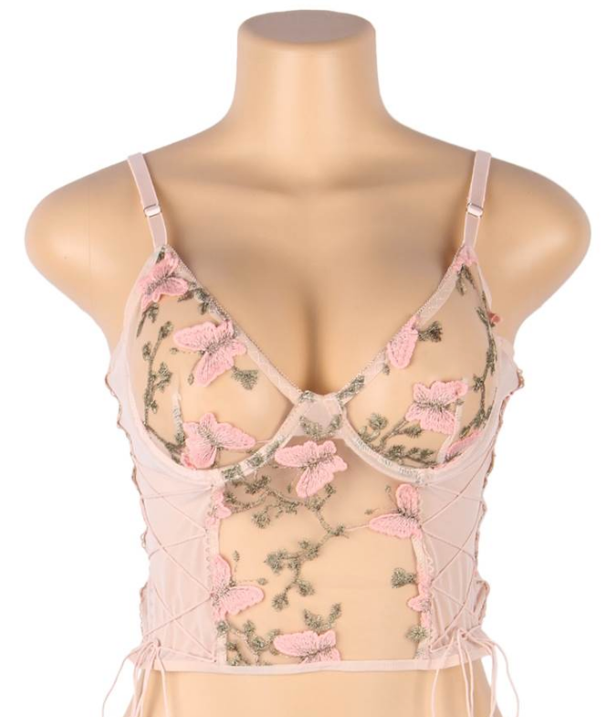 Butterfly Pattern Embroidery Mesh Longline Bralette 1023 - Pink