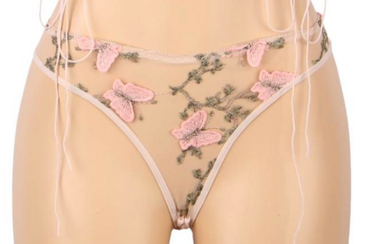 Butterfly Pattern Embroidery Mesh Cheeky Panty 1023 - Pink