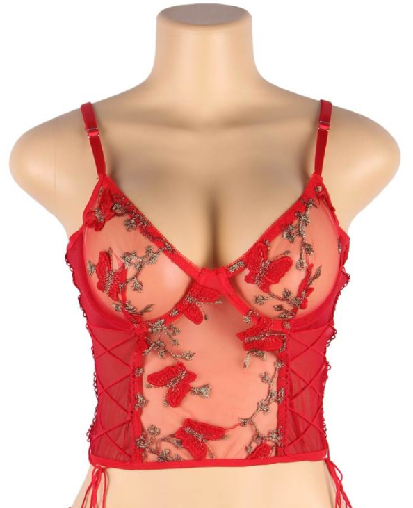 Butterfly Pattern Embroidery Mesh Longline Bralette 1023B - Red