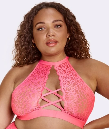 Vibes Thicc Lace Bralette With Criss-Cross Neckline & Booty Short M/L Hot  Pink 
