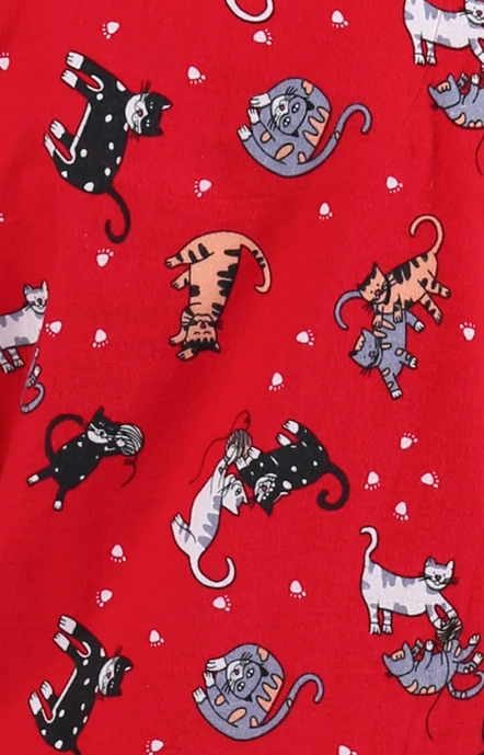 100% Cotton Flannel Henley Night Shirt 1324 - Cats - Red
