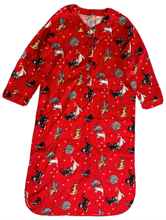100% Cotton Flannel Henley Night Shirt 1324 - Cats - Red