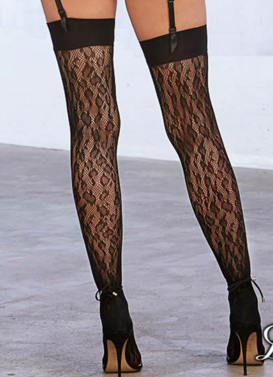 Leopard Fishnet Thigh Highs 0347 - Black
