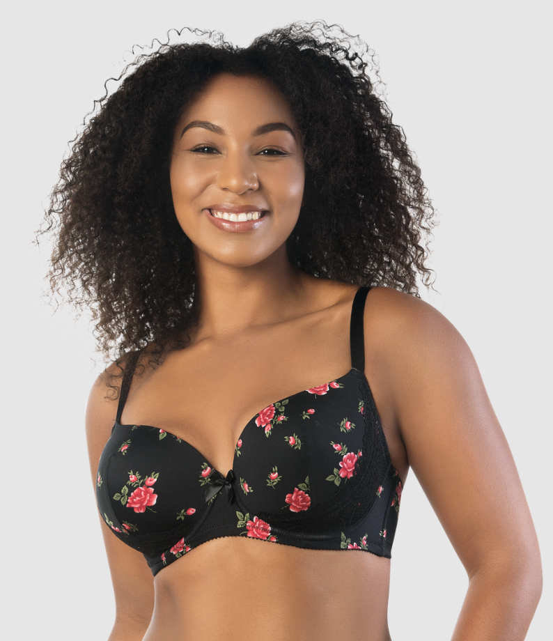Dark Purple floral lace underwire padded push-up Bra/ bow detail