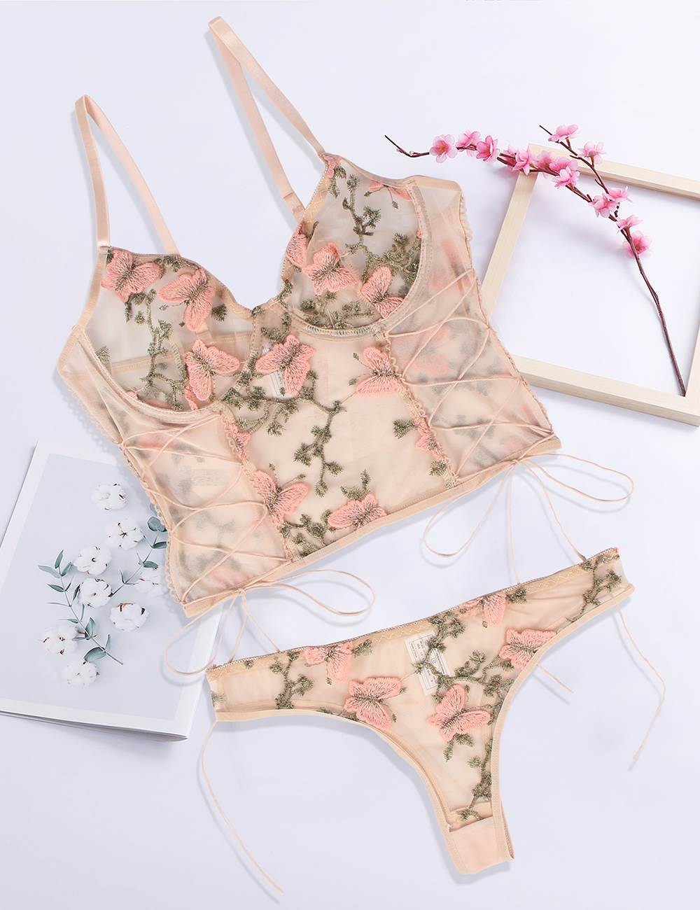 Butterfly Pattern Embroidery Mesh Longline Bralette 1023 - Pink
