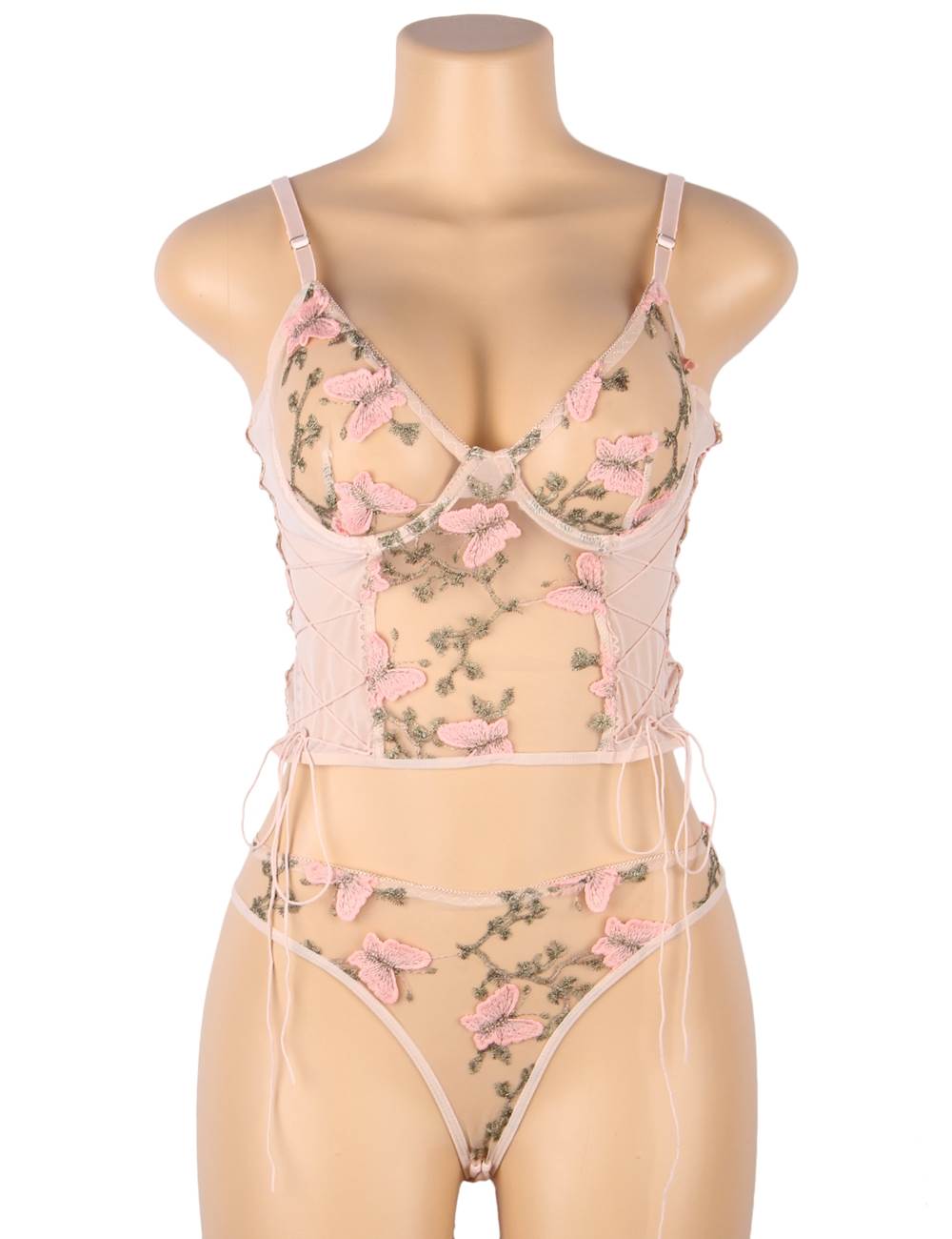 Butterfly Pattern Embroidery Mesh Longline Bralette 1023 - Pink