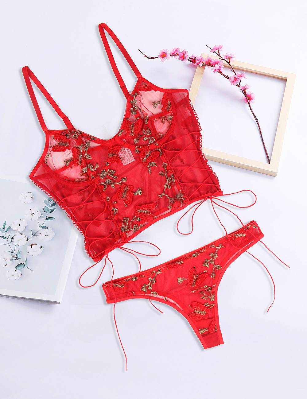 Butterfly Pattern Embroidery Mesh Longline Bralette 1023B - Red