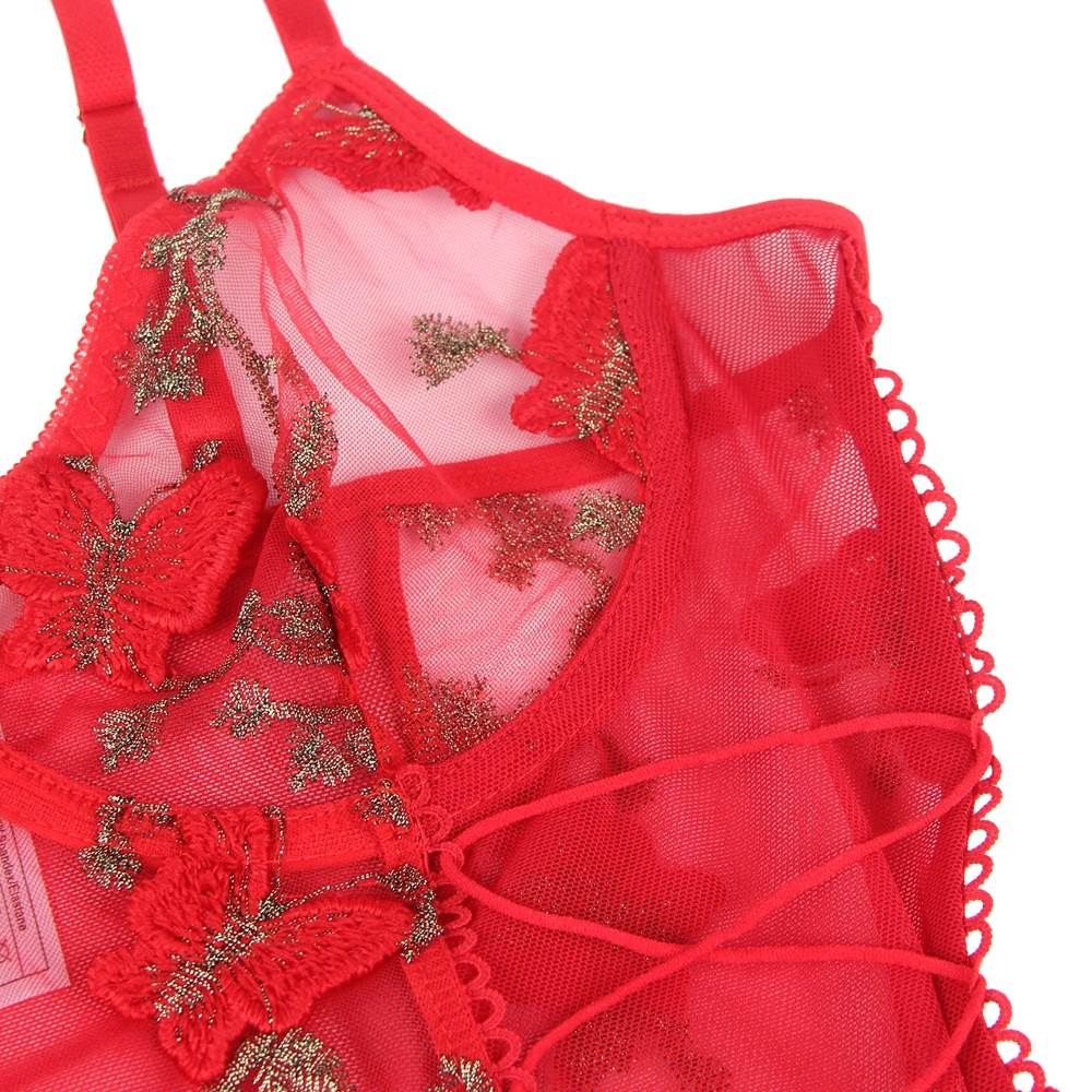 Butterfly Pattern Embroidery Mesh Longline Bralette 1023B - Red