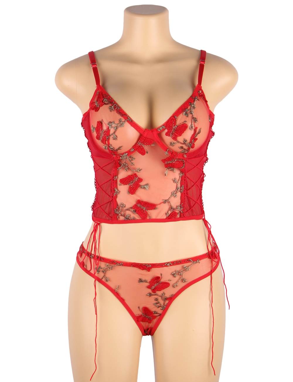 Butterfly Pattern Embroidery Mesh Longline Bralette 1023B - Red