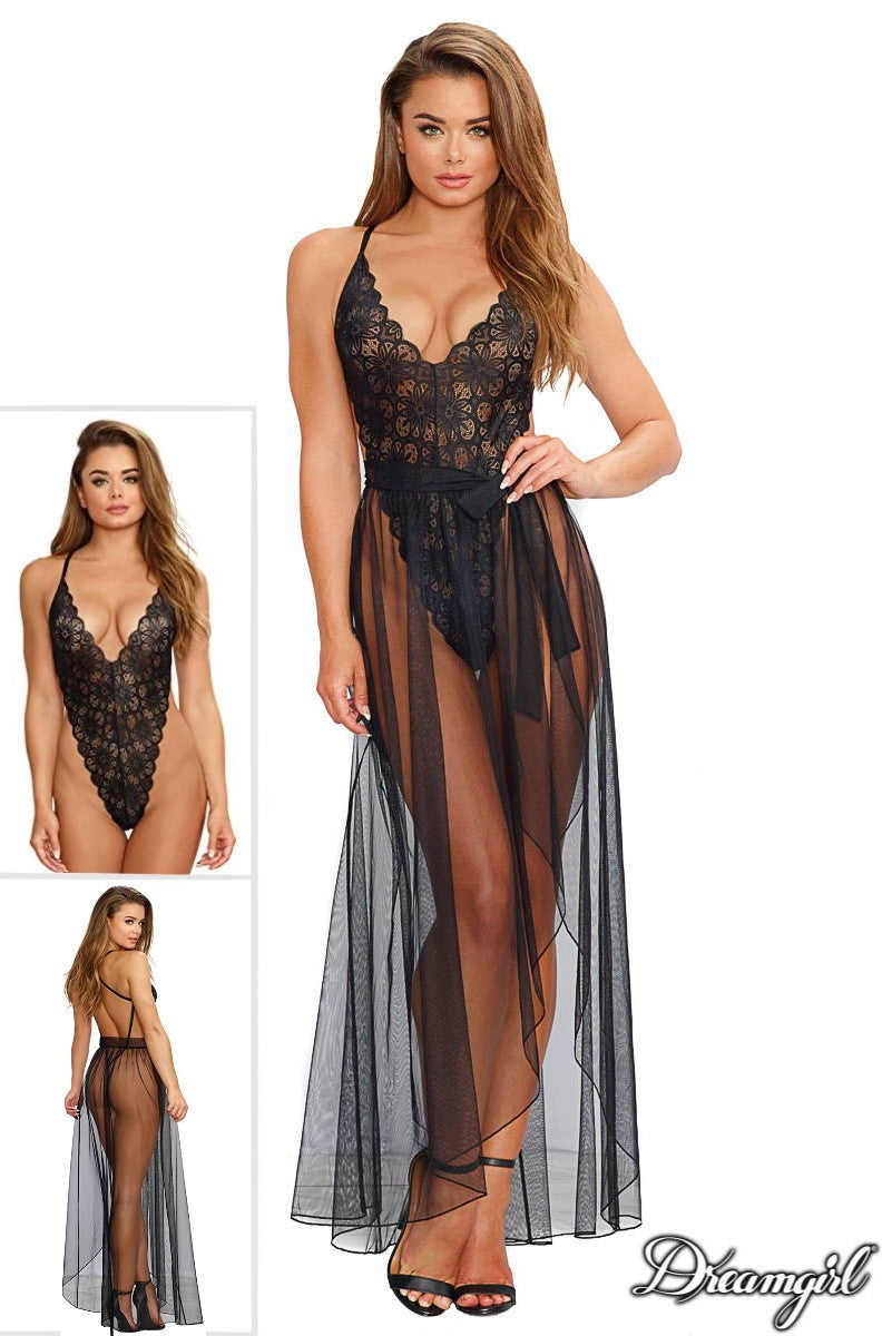 Mosaic Lace Teddy with Sheer Maxi Skirt 10996 - Black