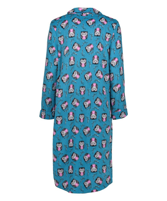 Button Front Fleece Sleep Shirt 1581 - Owls - Teal
