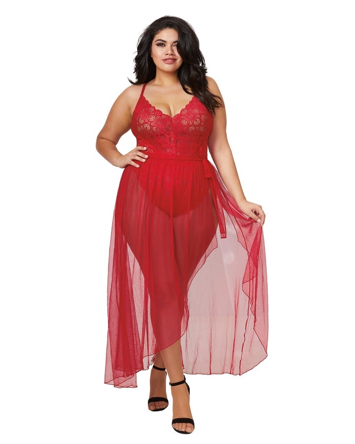 Mosaic Lace Teddy with Sheer Maxi Skirt 10996 - Red