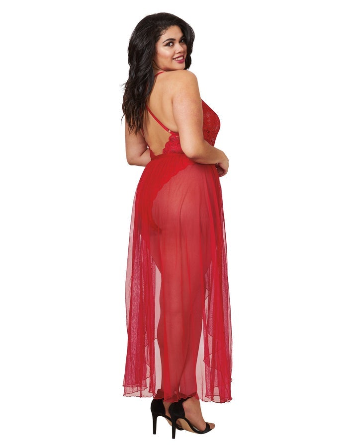 Mosaic Lace Teddy with Sheer Maxi Skirt 10996 - Red