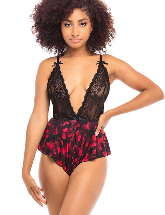 Floral (X) Lace Plunge Teddy 1043 - Black/Red