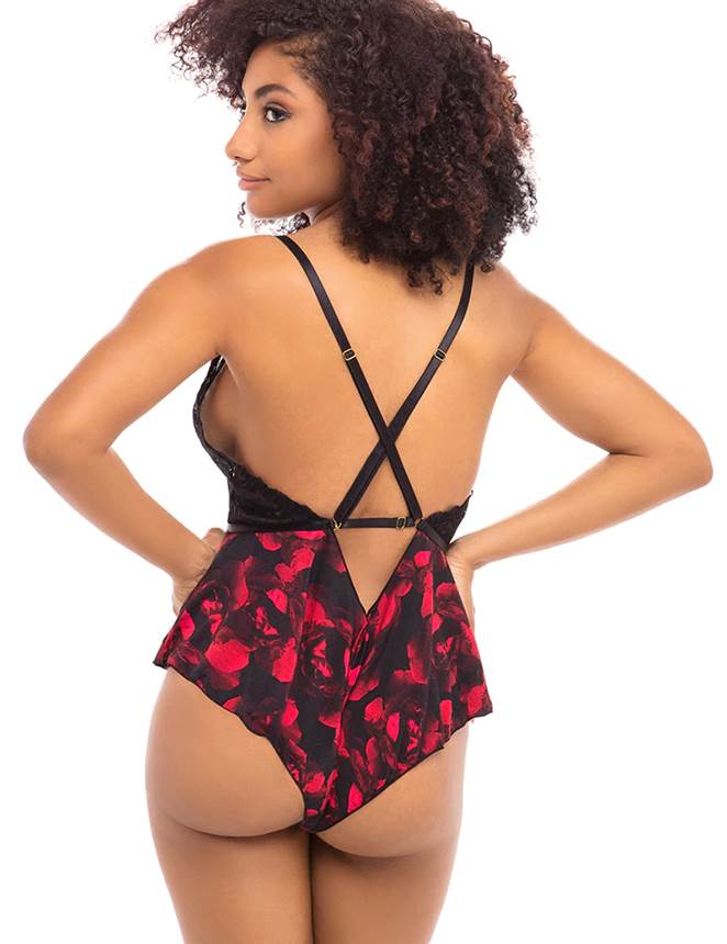 Floral Lace Plunge Teddy 1043 - Black/Red