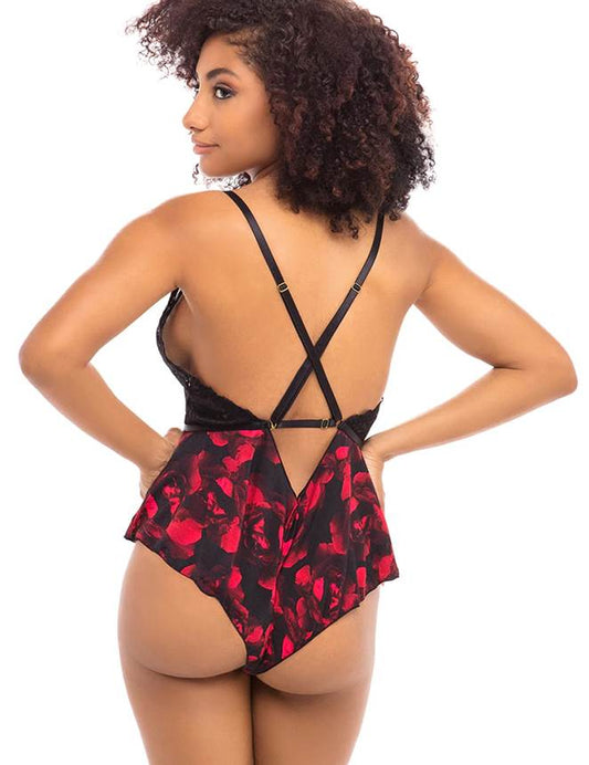 Floral (X) Lace Plunge Teddy 1043 - Black/Red
