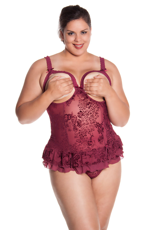 Open Cup Bustier and G-String 1109 - Burgundy