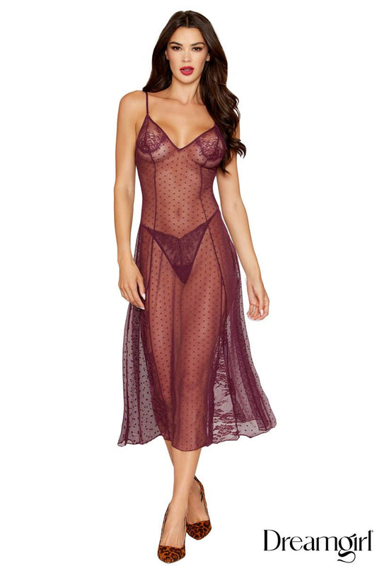 Dot Mesh Gown and G-string DG13641 - Cherry