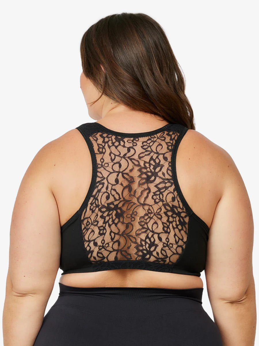 138 Indy Cotton Front Close Lace Racerback Bra - Black