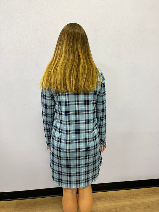 Long-sleeved Plaid Button Front Sleepshirt - Blue