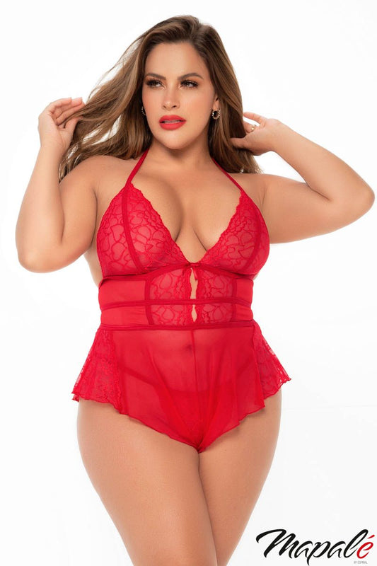 Sheer Heart Teddy Romper and G-string MA7445 - Red