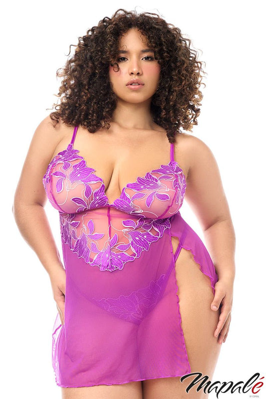 Embroidered Babydoll and G-string MA7614 - Azalea