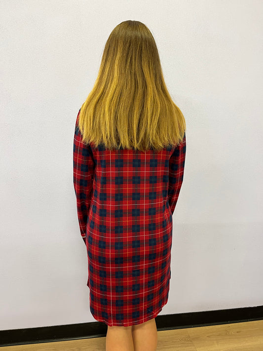 Long-sleeved Plaid Button Front Sleepshirt - Red