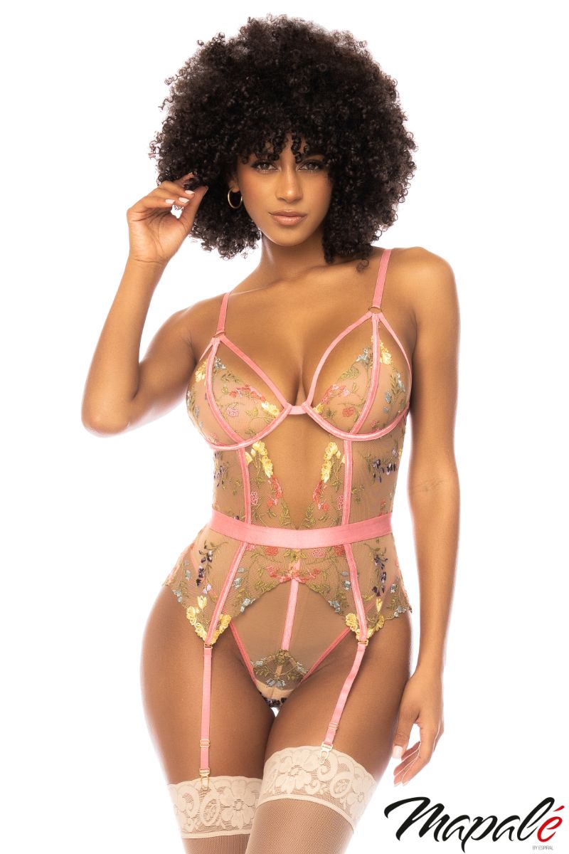 Sheer Floral Teddy with Garters MA8821 - Nude/Pink